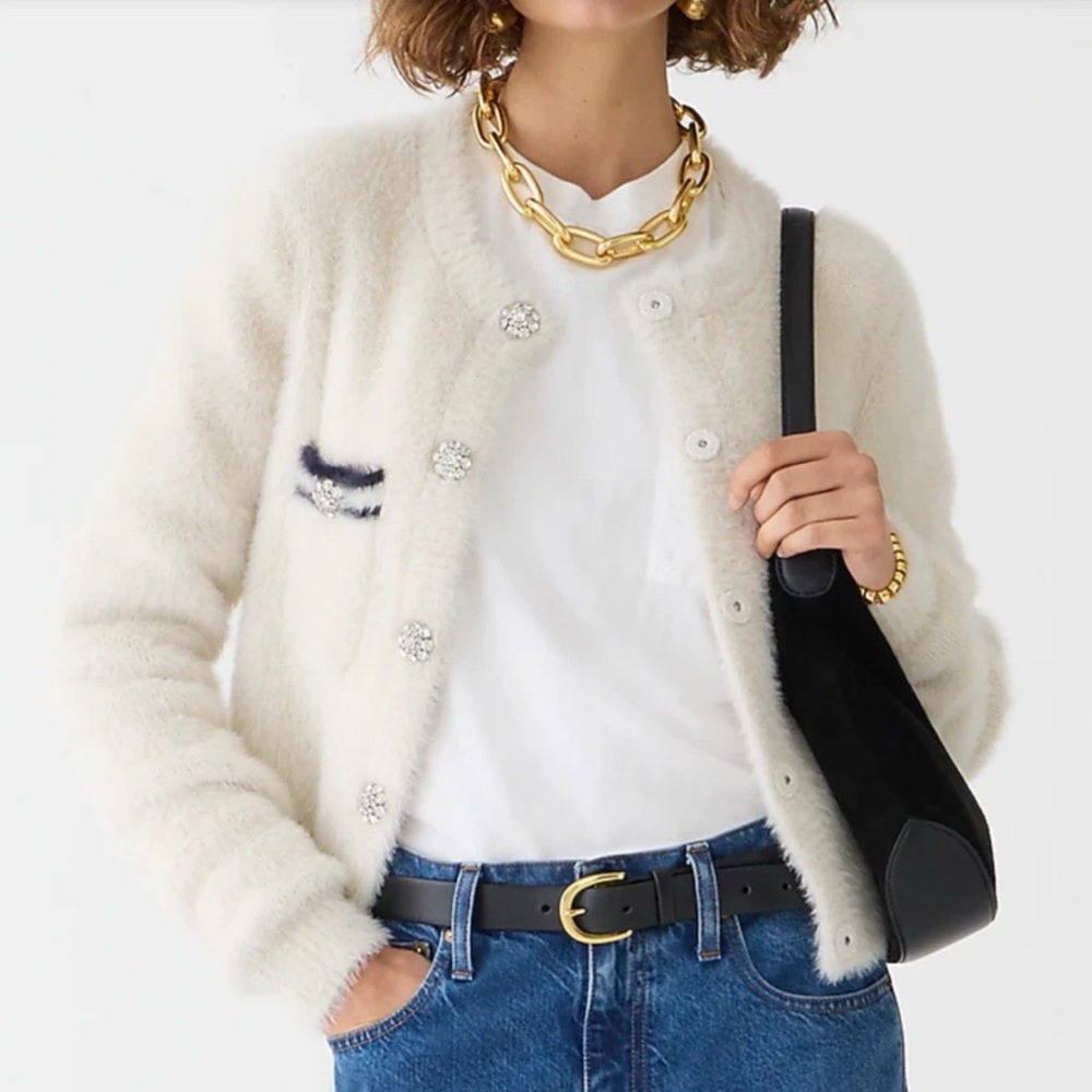 J. Crew Cream Fuzzy Cardigan with Embroidered Detail